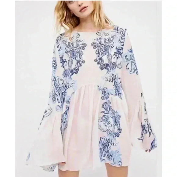 Free People Floral Symphony Slip Tunic Mini Dress with Bell Sleeves Size M - Picture 1 of 8